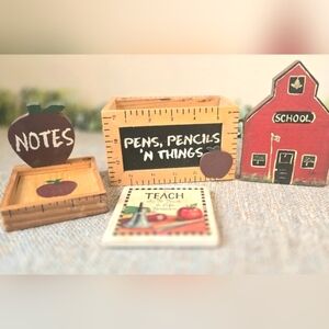 Rustic School-Themed Wooden Teacher Desk Set | Classroom Apple Motif